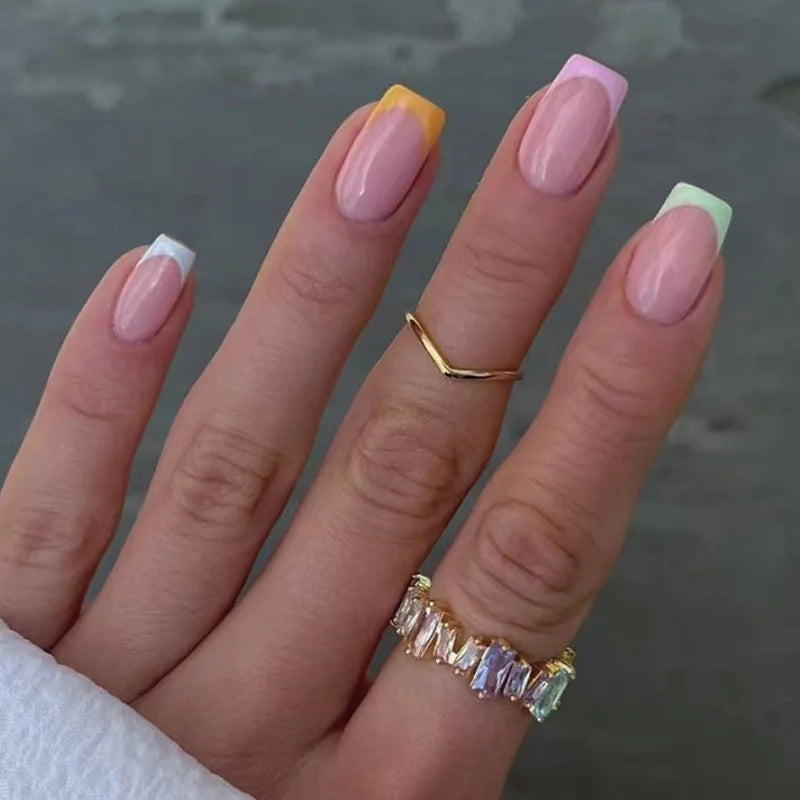 24pcs Short Square Fake Nails Colorful French False Nails Detachable Ballerina Full Cover Nails Tips Press on Nails