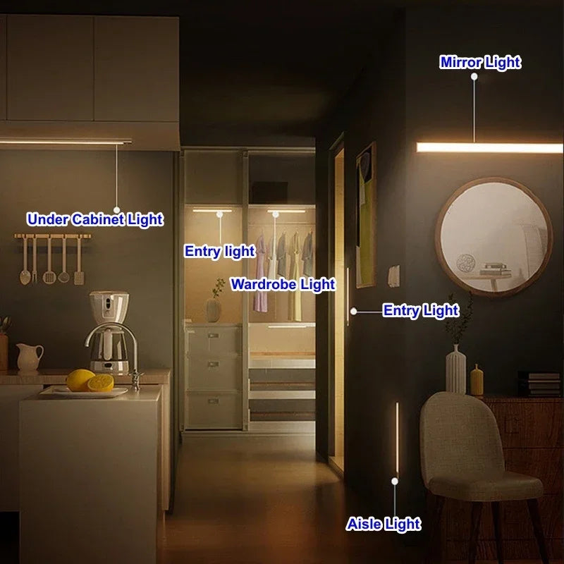 LED Motion Sensor Night Light Rechargeable Induction Bar Light Portable Cordless Magnetic Cabinet Lamp for Kitchen Room Bedside