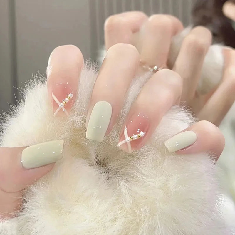 24Pcs Mid-length Ballet False Nails Cute Childlike Rainbow Press On Nails Iced Through Milk Tea Fake Nails Free Shipping Items