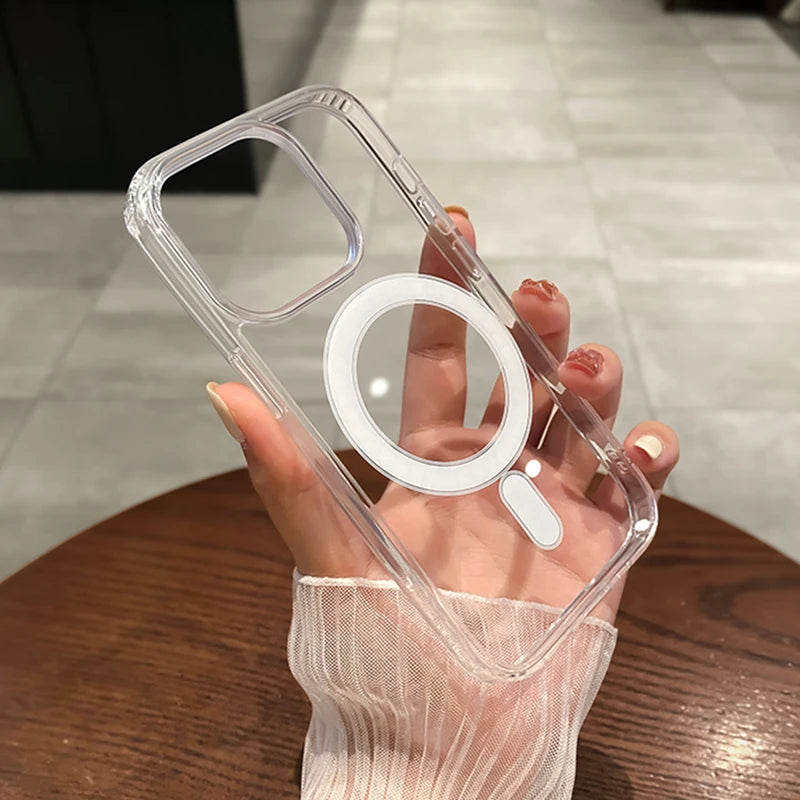 For Magesafe Magnetic Transparent Wireless Charge Case for iPhone 16 15 14 13 12 11 Pro Max Mini Plus Shockproof Hard PC Cover