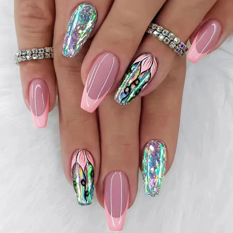 24Pcs Medium Long Ballet Fake Nails Art Flat Head Gold Line Frosted False Nails Press on Full Cover Removable Stick on Nail Tips