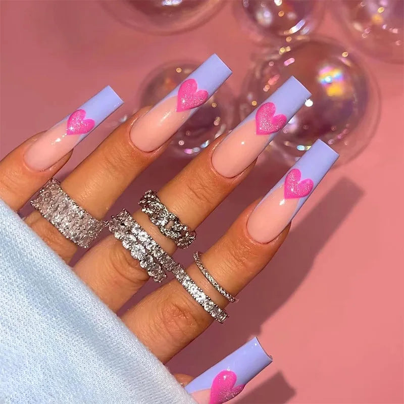 24Pcs Long Ballet Press On Nail Art Wearing Manicure Glitter Point Drill False Nails Removable Full Cover Artificial Fake Nails