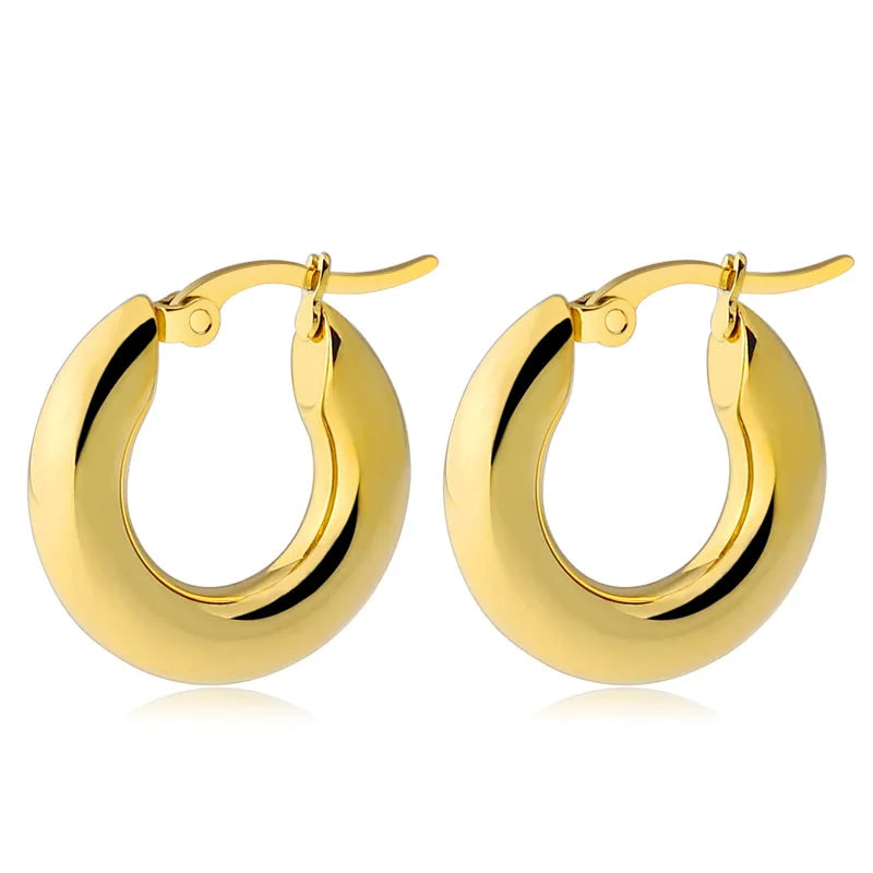Surgical Steel Gold Color Tone Women Fat Chunky Earrings Stainless Wives Round Smooth Thick Hoops Statement Jewelry 20mm/25mm