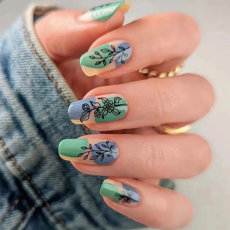 24ps/Box Long Ballerina Full Cover Artificial French False Nails Art Green Graffiti Color Blocking Gold Thread Fake Nail Tips