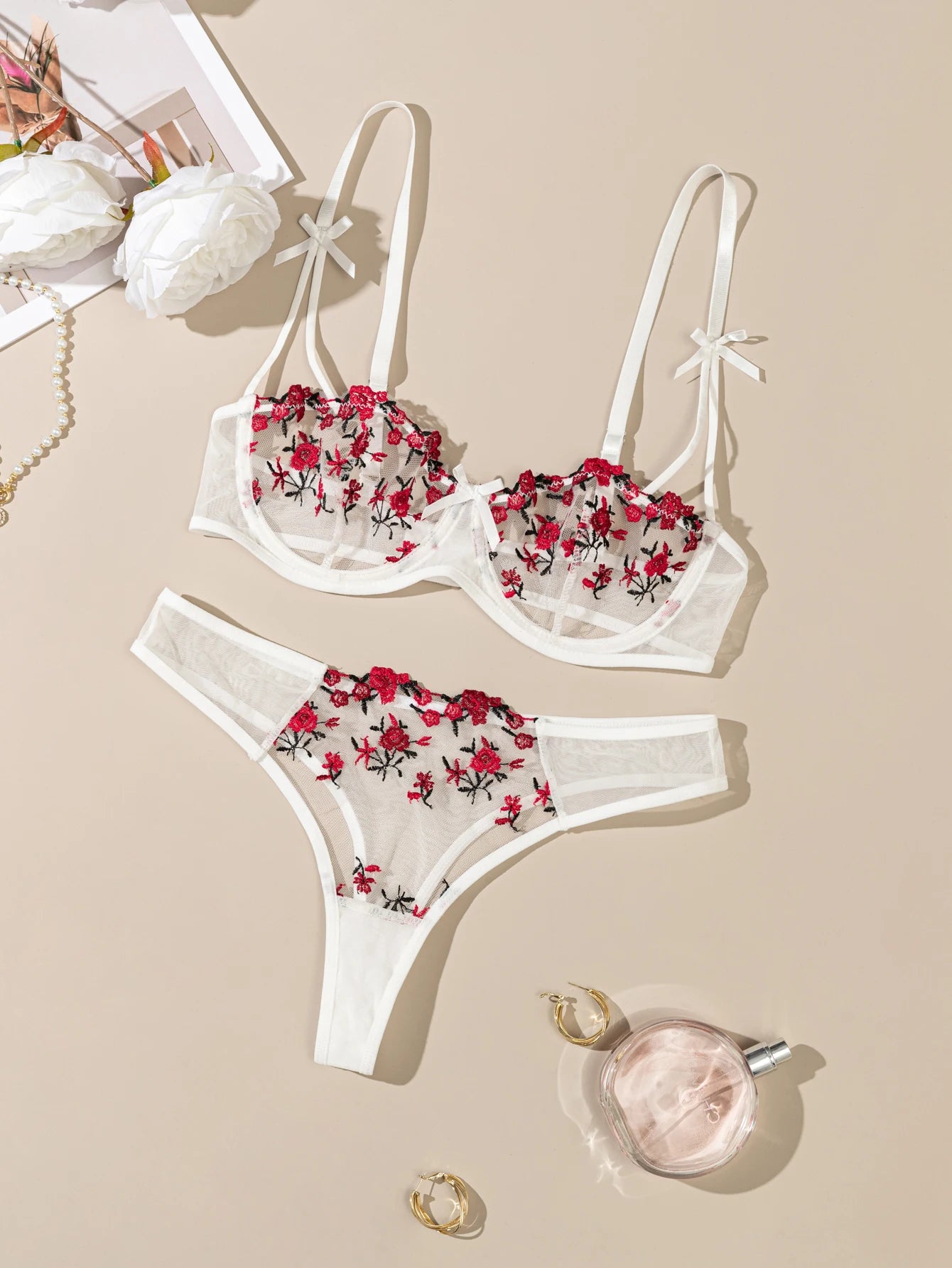Night Beautiful Sexy Women 2 Piece floral Embroidery Underwear Sexy Erotic lingerie underwear Set