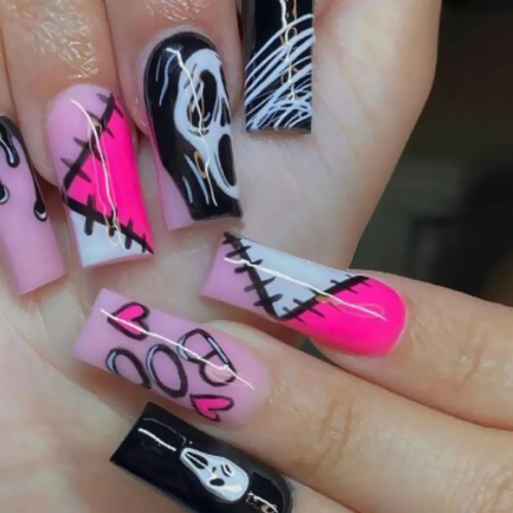 24ps/Box Long Ballerina Full Cover Artificial French False Nails Art Green Graffiti Color Blocking Gold Thread Fake Nail Tips