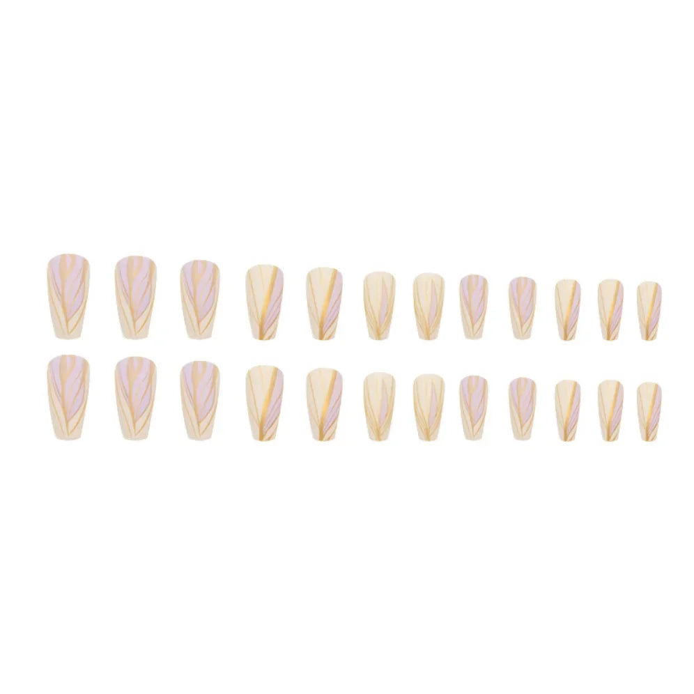 24Pcs Medium Long Ballet Fake Nails Art Flat Head Gold Line Frosted False Nails Press on Full Cover Removable Stick on Nail Tips