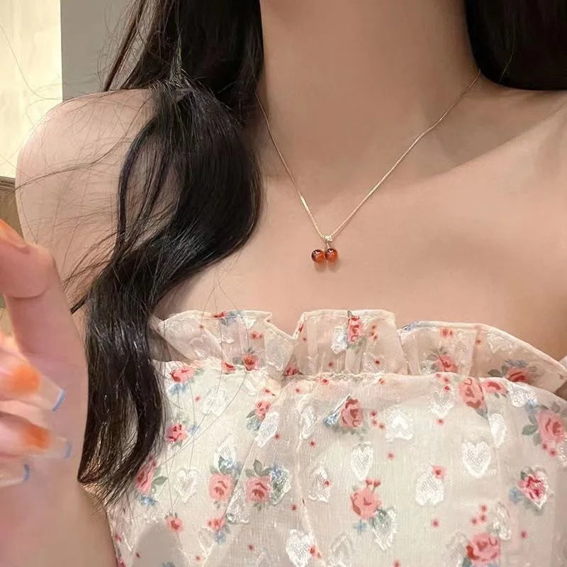 Little Wine Red Cherry Pendant Necklaces For Women Fashion Personality Fruit Golden Chain Necklace Party Jewelry Birthday Gifts
