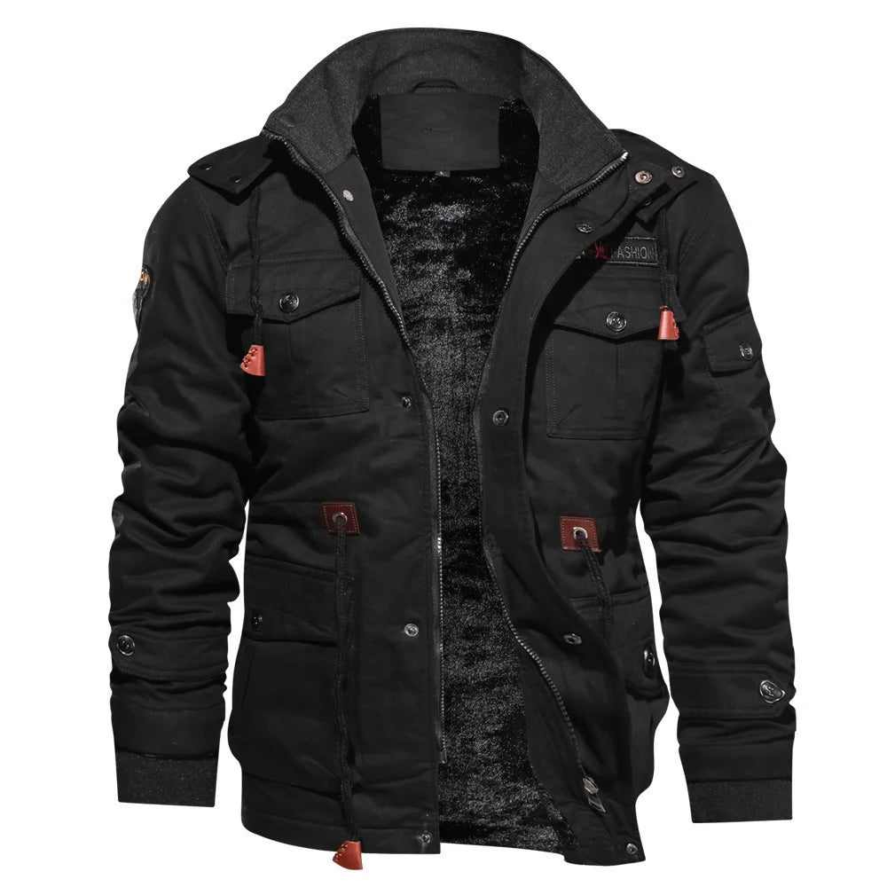 Men's Winter Jacket Hooded Casual Cotton Coat Retro Coat Men's Cotton Casual Fleece Long Jacket Men's Outdoor Tooling Coat