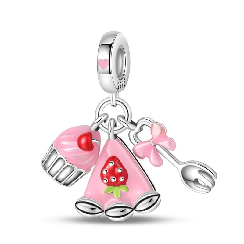 925 Silver Charms Beads Fit 3mm Original Bracelet Game Machine Box Afternoon Tea Dessert Romantic Pink Pendant DIY Jewelry