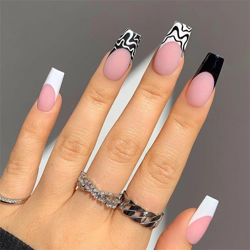 24Pcs Medium Long Ballet Fake Nails Art Flat Head Gold Line Frosted False Nails Press on Full Cover Removable Stick on Nail Tips