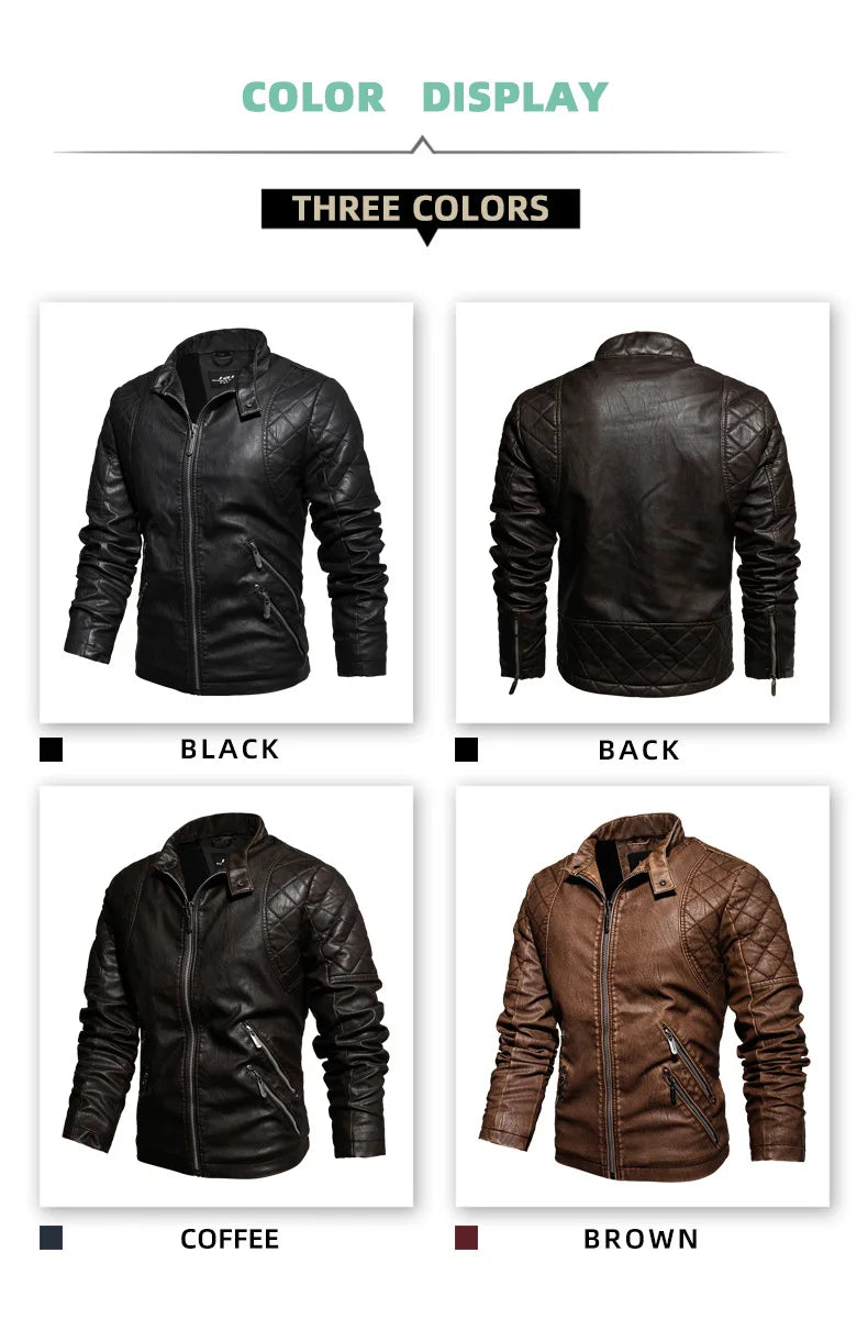 Autumn Winter Outdoor Casual Motor Biker PU Leather Jacket Men Fashion Leather Jacket Men Motorcycle Slim Fleece Jacket Coat