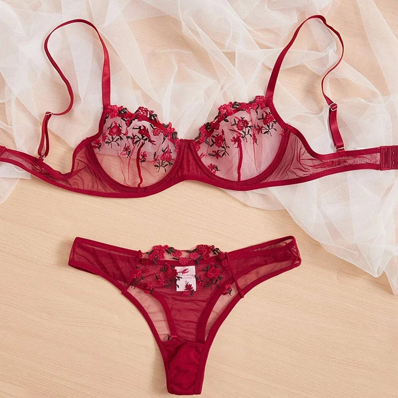 Sexy Underwear For Women Transparent Embroidered Small Flowers Bra Hot Lingerie Panties Intimates Woman Two Piece Set Clothing