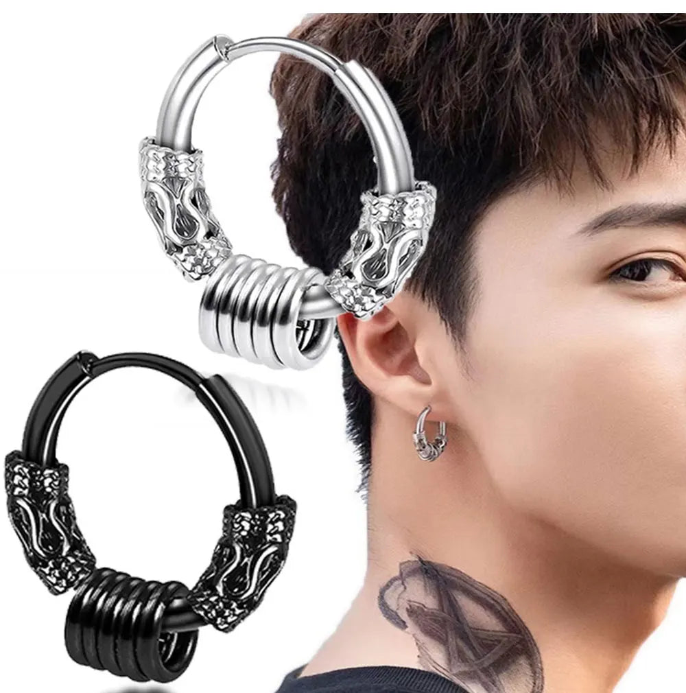 1Pair Punk Stainless Steel Round Circle Totem Hoop Earrings For Men Women Not Fade Ear Rings Hip Hop Male Jewelry