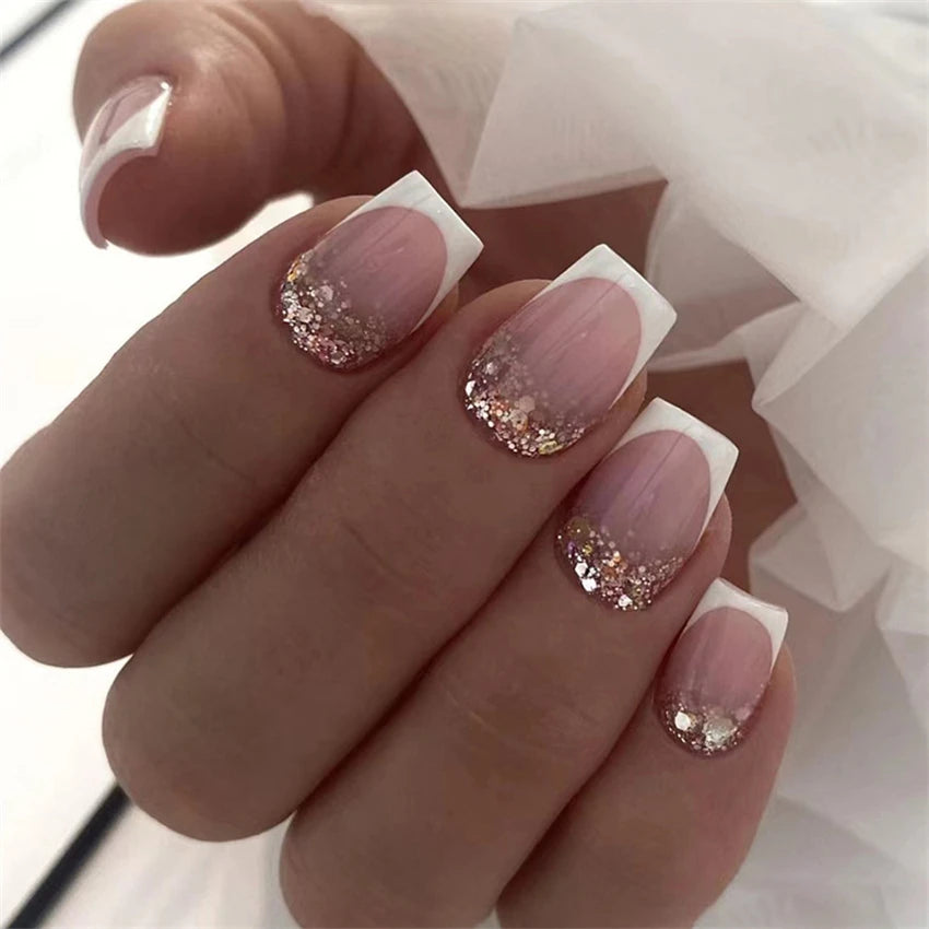 24Pcs Medium Long Ballet Fake Nails Art Flat Head Gold Line Frosted False Nails Press on Full Cover Removable Stick on Nail Tips