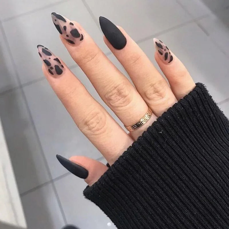 24ps/Box Long Ballerina Full Cover Artificial French False Nails Art Green Graffiti Color Blocking Gold Thread Fake Nail Tips