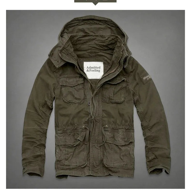 Men's Long Sleeved Hooded Camouflage Jacket Multi Bag Mid Length Storage Outdoor Trekking Camping Riding Sport Tops Amekaji Coat