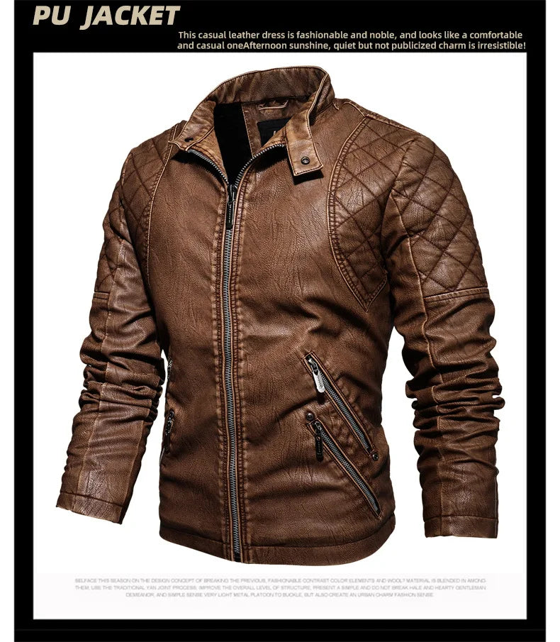 Autumn Winter Outdoor Casual Motor Biker PU Leather Jacket Men Fashion Leather Jacket Men Motorcycle Slim Fleece Jacket Coat