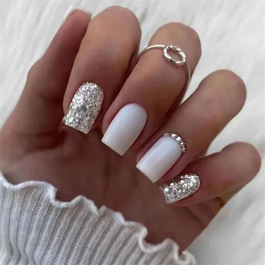 24Pcs Medium Long Ballet Fake Nails Art Flat Head Gold Line Frosted False Nails Press on Full Cover Removable Stick on Nail Tips