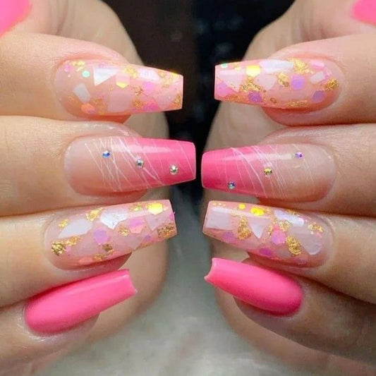 24Pcs Long Ballet Press On Nail Art Wearing Manicure Glitter Point Drill False Nails Removable Full Cover Artificial Fake Nails
