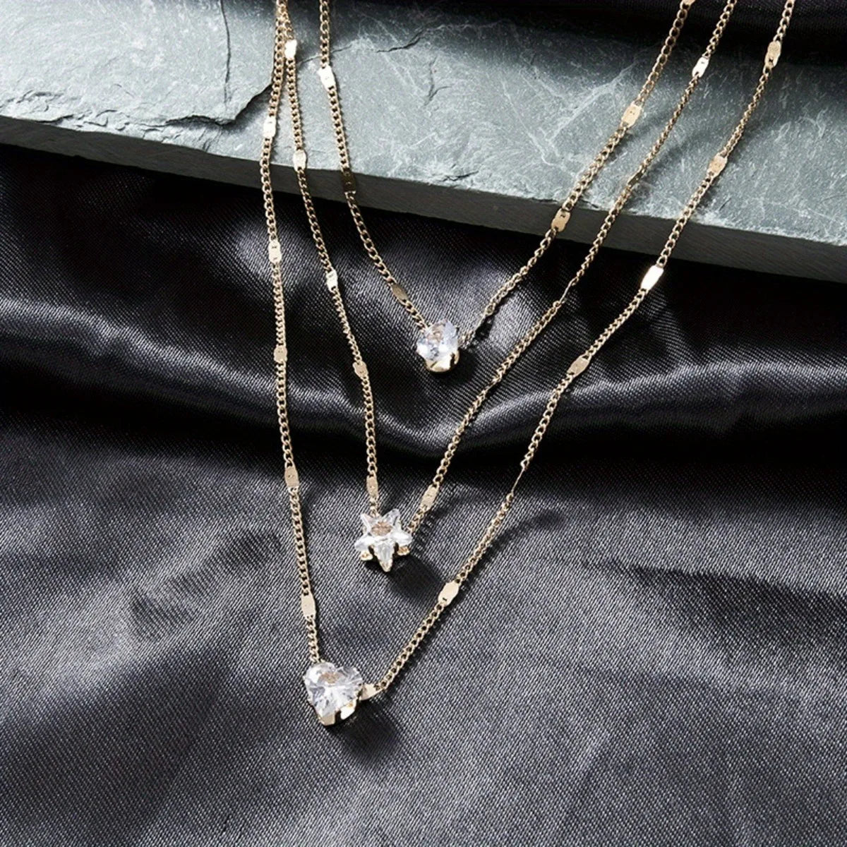 Multi-layer Five-pointed Star Heart Shape Water Drop Pendant Chain Necklace Alloy Material Glass Collarbone Chain Sexy Women's