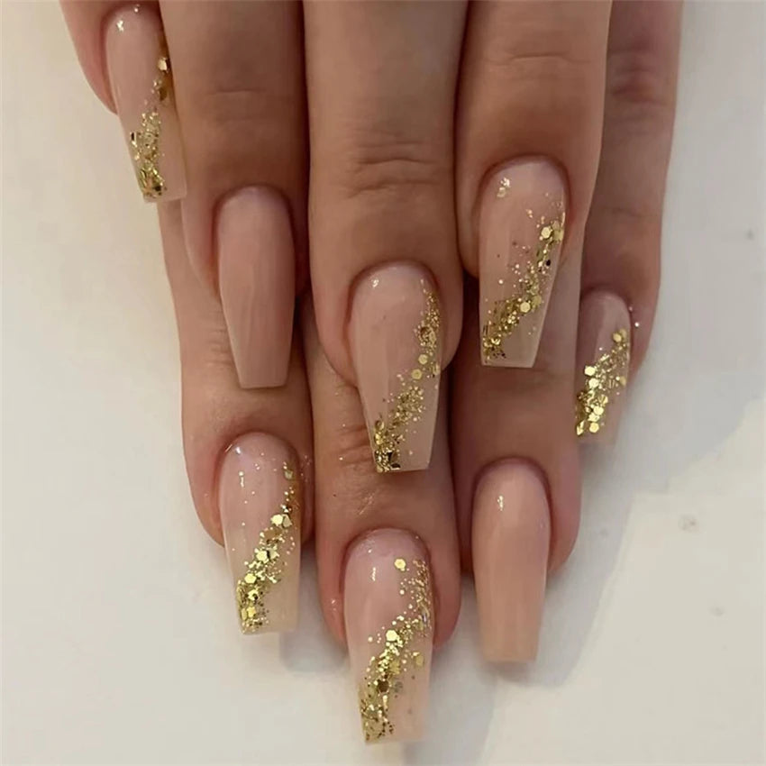 24Pcs Medium Long Ballet Fake Nails Art Flat Head Gold Line Frosted False Nails Press on Full Cover Removable Stick on Nail Tips