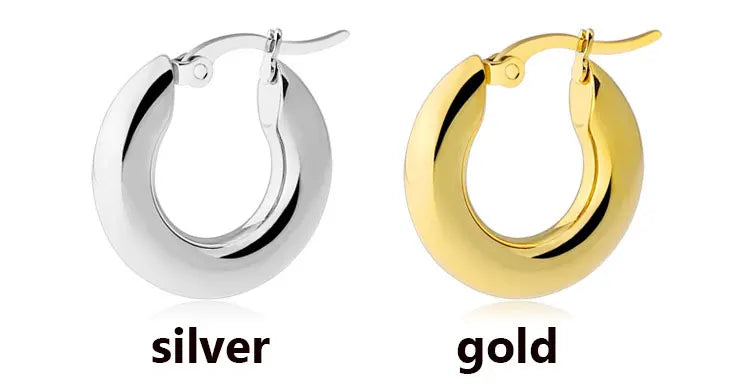 Surgical Steel Gold Color Tone Women Fat Chunky Earrings Stainless Wives Round Smooth Thick Hoops Statement Jewelry 20mm/25mm