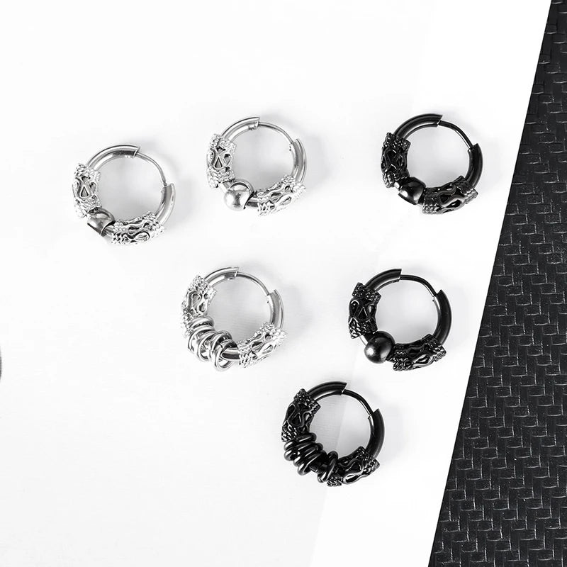 1Pair Punk Stainless Steel Round Circle Totem Hoop Earrings For Men Women Not Fade Ear Rings Hip Hop Male Jewelry