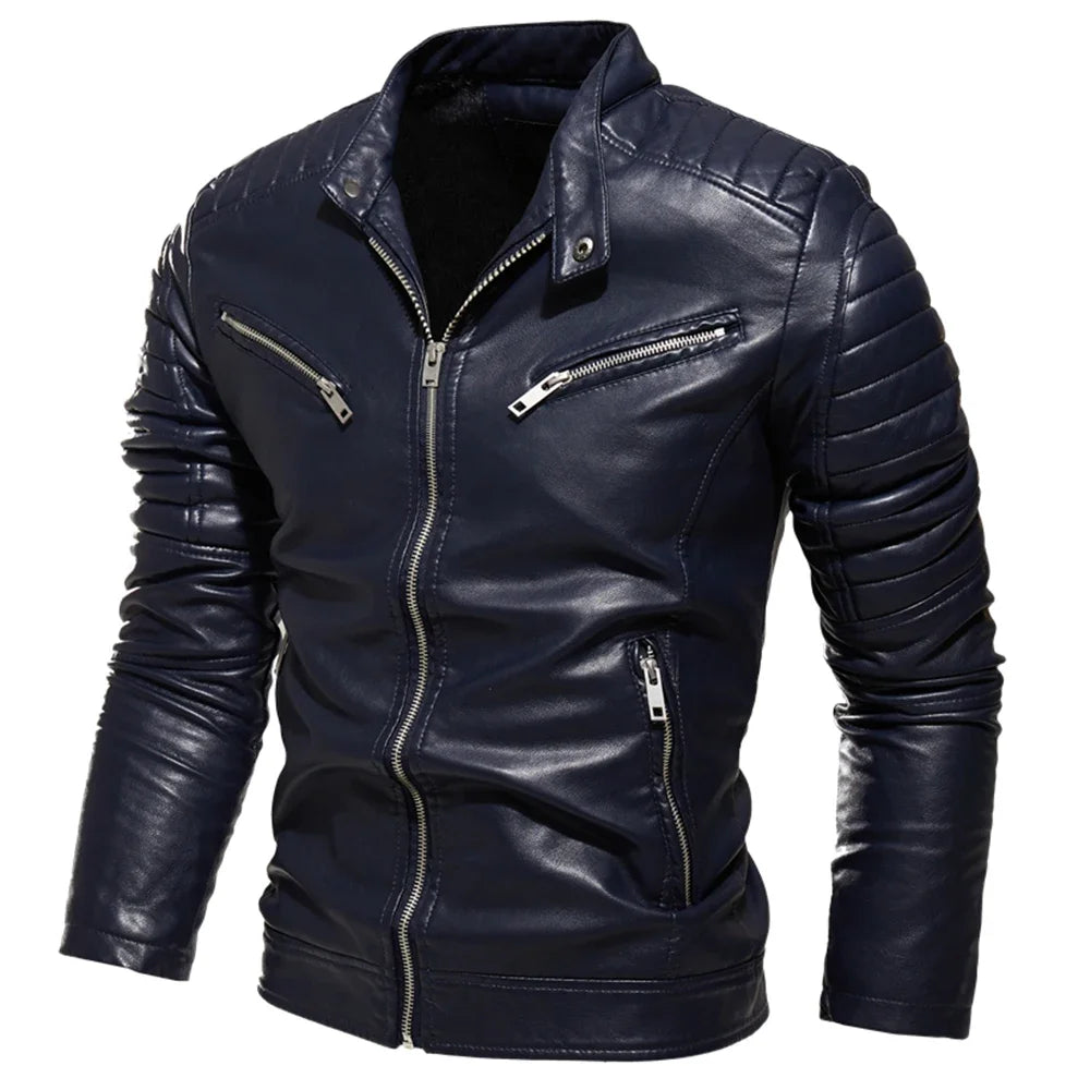 2024 Winter Black Leather Jacket Men Fur Lined Warm Motorcycle Jacket Slim Street Fashion BLack Biker Coat Pleated Design Zipper