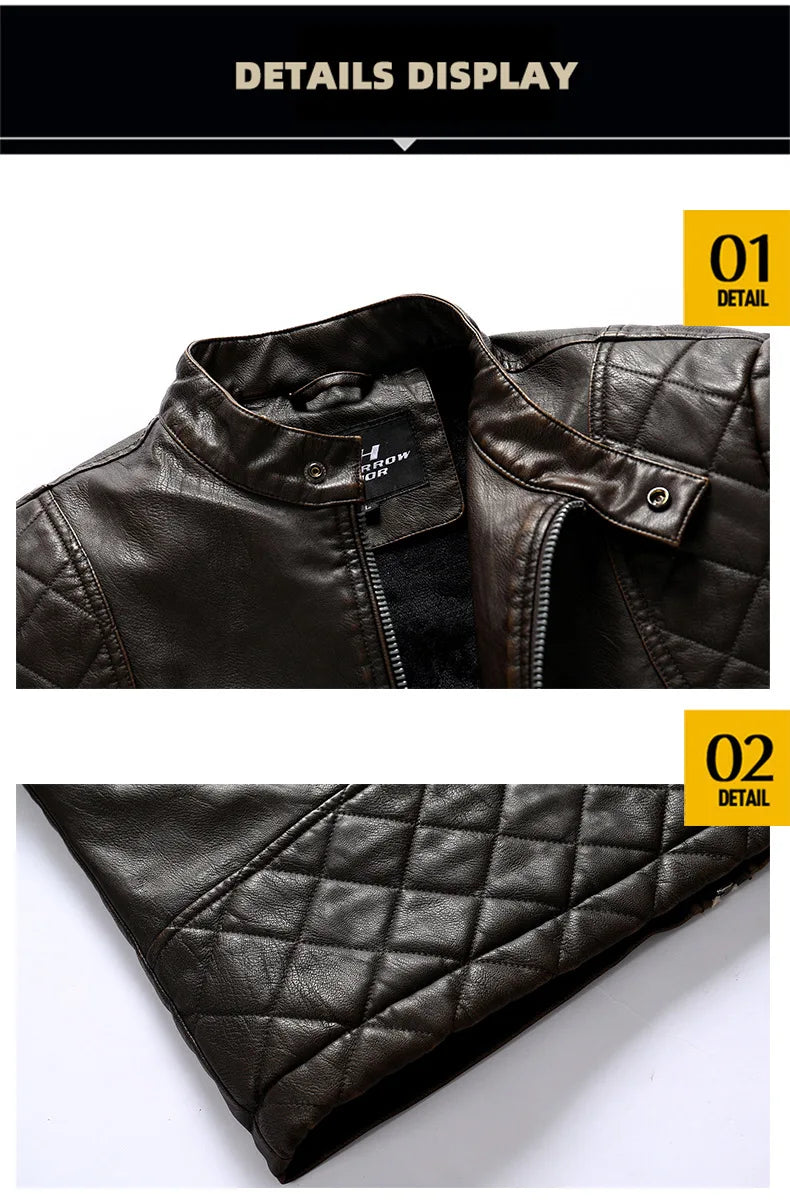 Autumn Winter Outdoor Casual Motor Biker PU Leather Jacket Men Fashion Leather Jacket Men Motorcycle Slim Fleece Jacket Coat