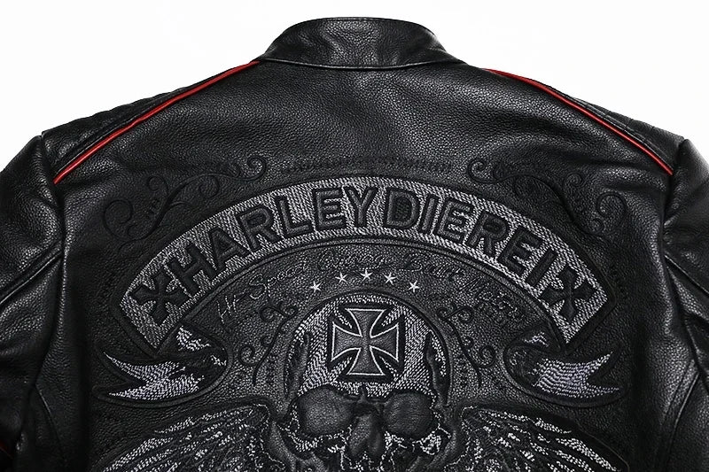 2025 New Embroidery Skull Fashion Genuine Leather Jacket Men's Natural Cowhide Motorcycle Jacket Slim Moto Coat Size S-6XL