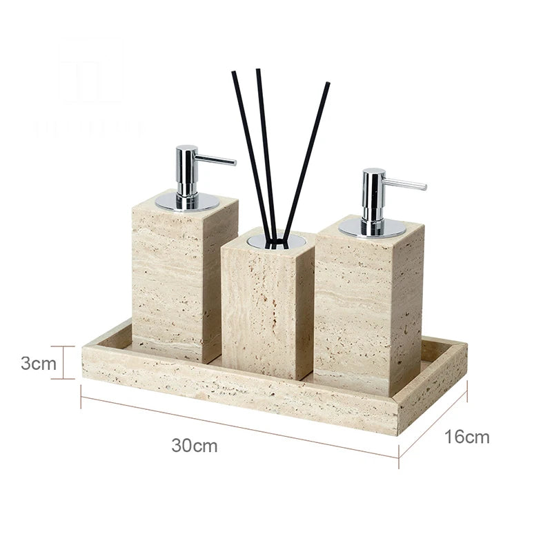 Beige Travertine Bathroom Accessories Set Natural Marble Soap Dispenser Soap Dish Reed Diffuser Vanity Tray Bathroom Set