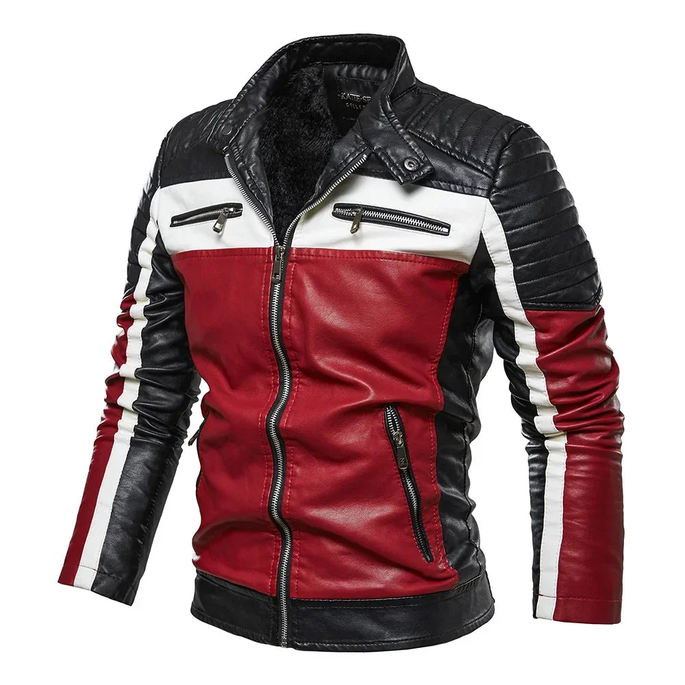2024 Winter Black Leather Jacket Men Fur Lined Warm Motorcycle Jacket Slim Street Fashion BLack Biker Coat Pleated Design Zipper