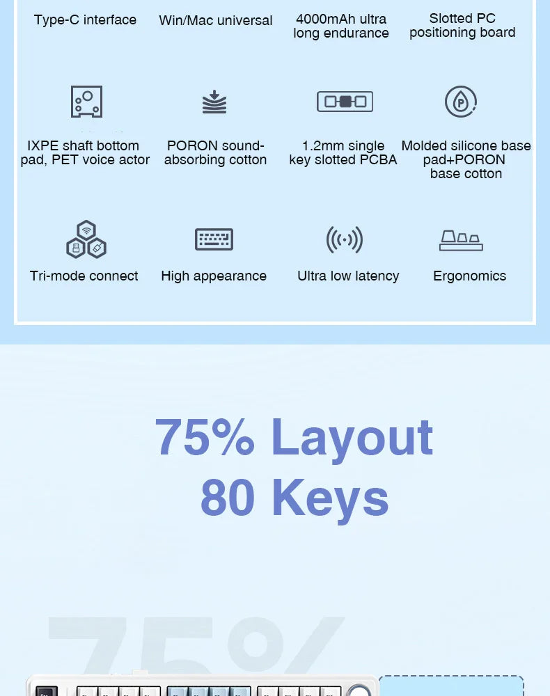 AULA F75 Mechanical Keyboard 2.4G Wireless/Bluetooth/Wired RGB PBT 75% Layout OEM Profile Gasket Customized Pc Gaming Keyboard