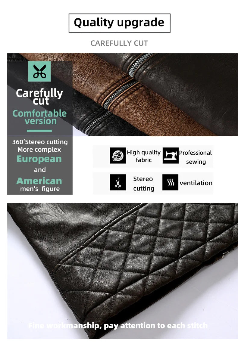 Autumn Winter Outdoor Casual Motor Biker PU Leather Jacket Men Fashion Leather Jacket Men Motorcycle Slim Fleece Jacket Coat