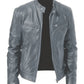 Mens Leather Jacket Autumn Winter Business Gentleman Warm Zipper Cardigan Pocket PU Leather Jacket Stand Collar Slim Coat