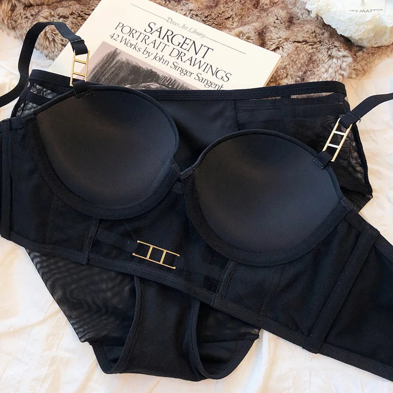 Europe Women Underwear Set Sexy Lace Hollow Breathable Widen Buckle Lingerie Underwire Push Up Bra and Panties Rose Intimates