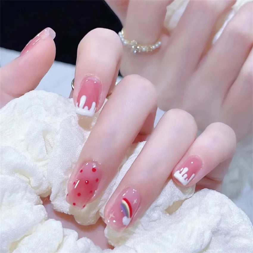 24Pcs/Lot Milky White Gradient Long Wearing False Nail Tips Acrylic Press on Nails Removable Reusable Artifical Fake Nails Art