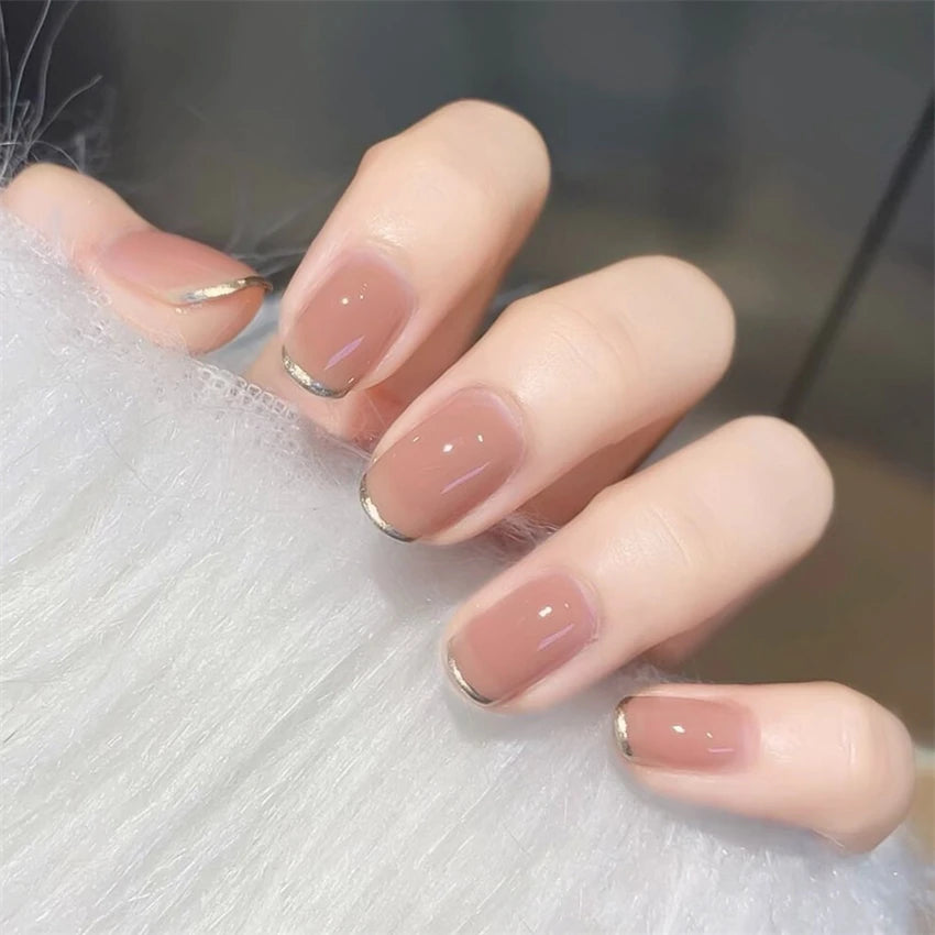24Pcs Medium Long Ballet Fake Nails Art Flat Head Gold Line Frosted False Nails Press on Full Cover Removable Stick on Nail Tips