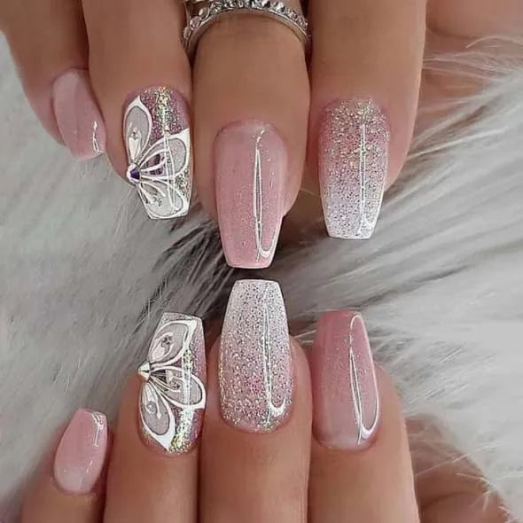 24Pcs Long Ballet Press On Nail Art Wearing Manicure Glitter Point Drill False Nails Removable Full Cover Artificial Fake Nails