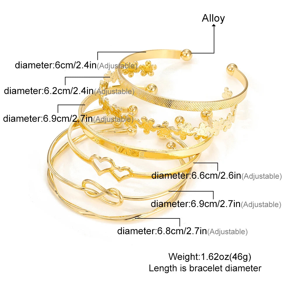 New Elegant Letter Love Bangle Gold Color Heart Flower Hollow Opening Bracelets Set Female Trendy Jewelry