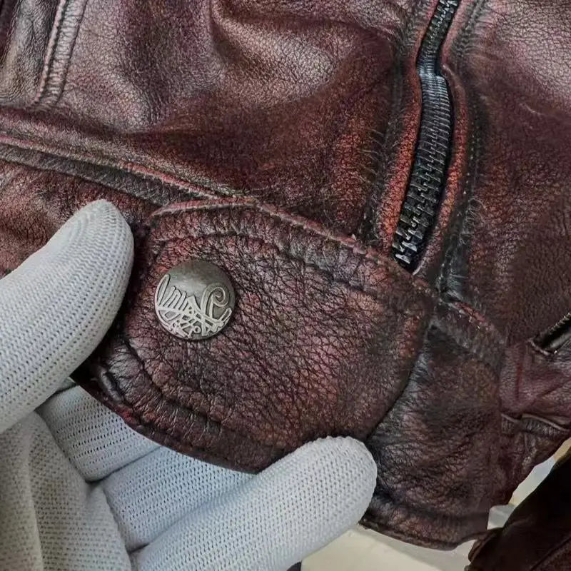 Vintage Black Brown Real Cowhide Genuine Leather Jacket Real Fur Men's Leather Jacket Bomber Men Leather Jacket Motorcycle Coat