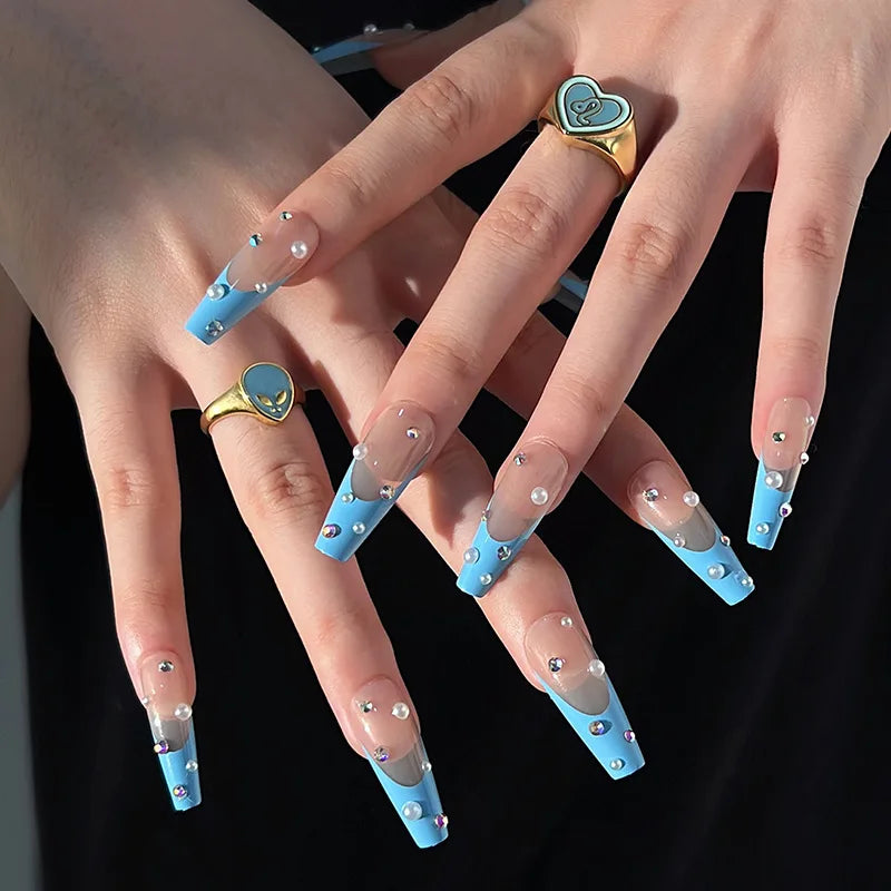 24ps/Box Long Ballerina Full Cover Artificial French False Nails Art Green Graffiti Color Blocking Gold Thread Fake Nail Tips