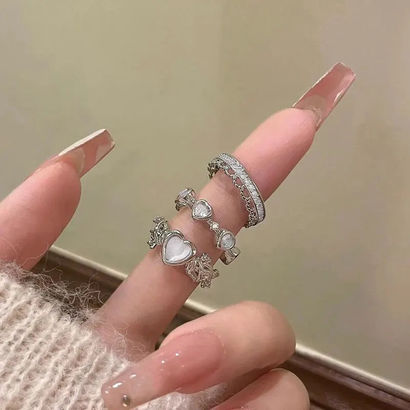 3 Pcs/set Love Heart Rings For Women Girls Light Luxury Rhinestone Opening Ring Sweet Finger Ring Wedding Party Accessories