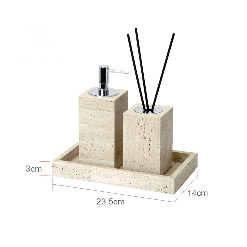 Beige Travertine Bathroom Accessories Set Natural Marble Soap Dispenser Soap Dish Reed Diffuser Vanity Tray Bathroom Set