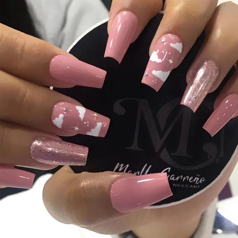 24Pcs Long Ballet Press On Nail Art Wearing Manicure Glitter Point Drill False Nails Removable Full Cover Artificial Fake Nails