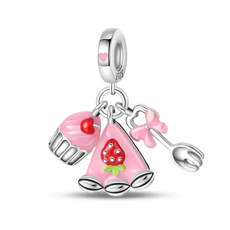 925 Silver Charms Beads Fit 3mm Original Bracelet Game Machine Box Afternoon Tea Dessert Romantic Pink Pendant DIY Jewelry