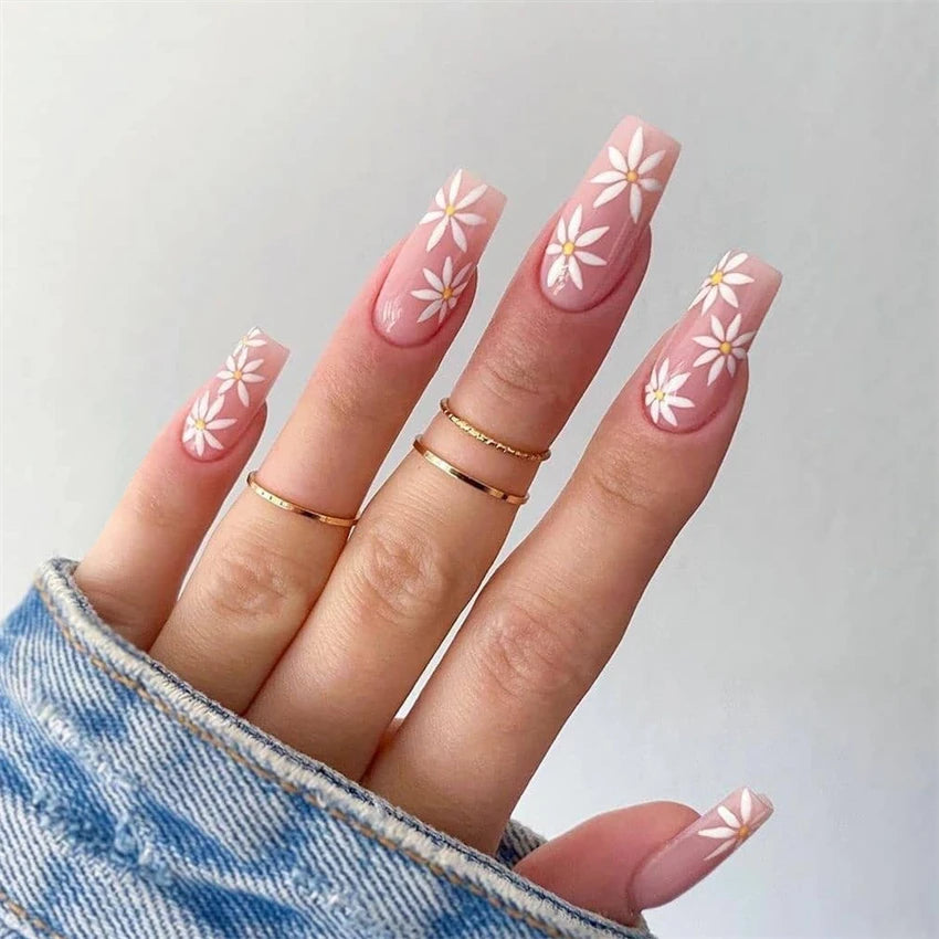 24Pcs Medium Long Ballet Fake Nails Art Flat Head Gold Line Frosted False Nails Press on Full Cover Removable Stick on Nail Tips