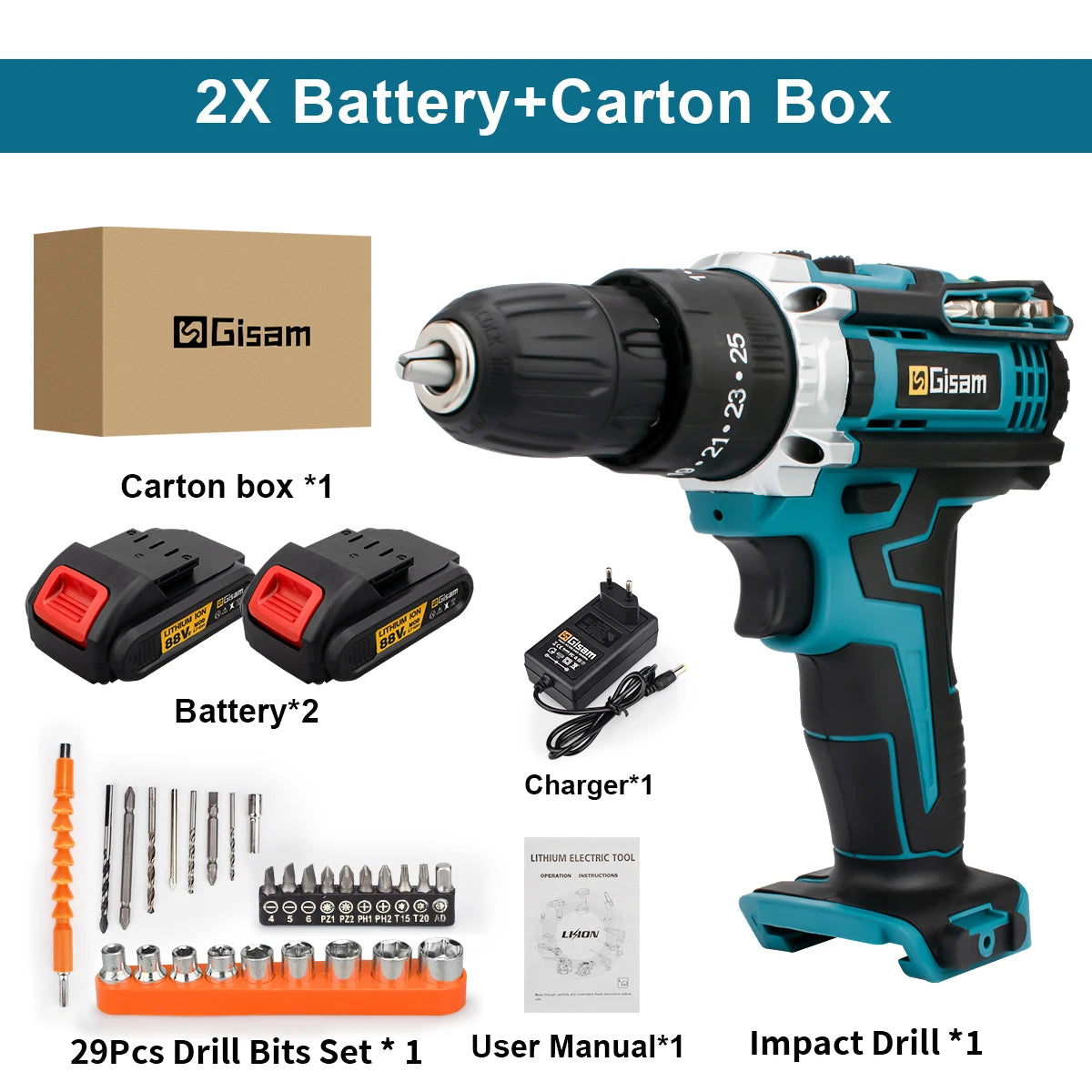 Gisam Cordless Drill Rechargeable Electric Screwdriver Electric Drill Mini Wireless Hand Drill Lithium-Ion Battery Power Tools