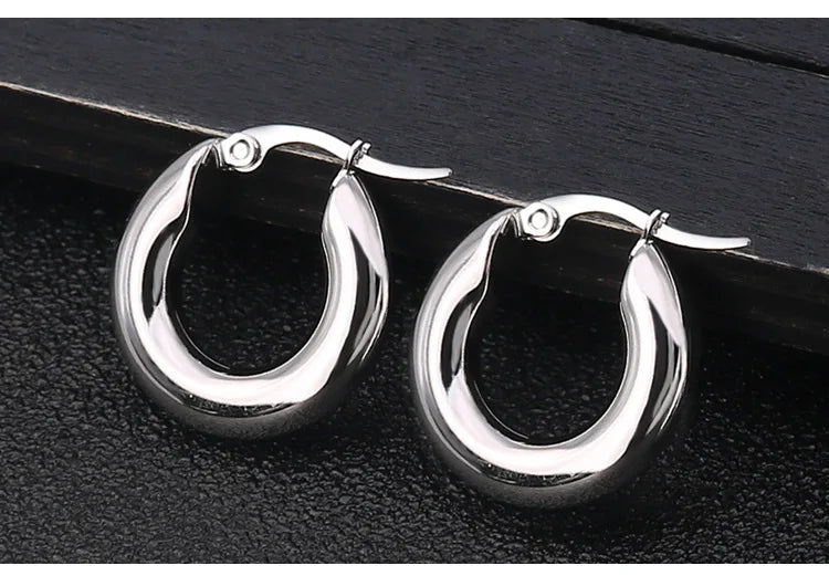 Surgical Steel Gold Color Tone Women Fat Chunky Earrings Stainless Wives Round Smooth Thick Hoops Statement Jewelry 20mm/25mm